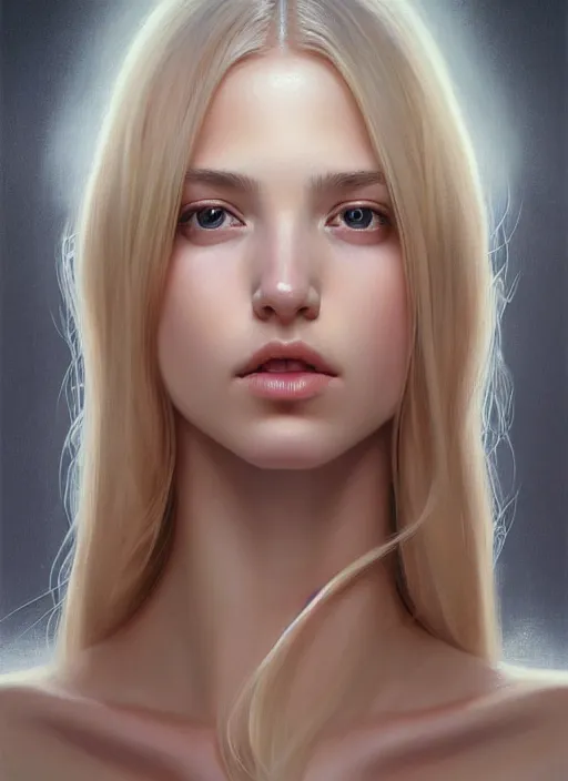 Image similar to beautiful symmetrical face! portrait of young woman blessed with ever - increasing physical and mental perfection, realism, blonde hair, perfect face!! intricate, elegant, highly detailed, vision of holy perfection!! digital painting, artstation, concept art, smooth, sharp focus, illustration, humanity, art by artgerm and greg rutkowski and alphonse mucha