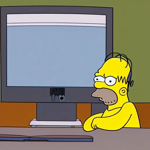 Prompt: homer simpson is sitting at a desk with a computer screen that is showing an episode of the simpsons