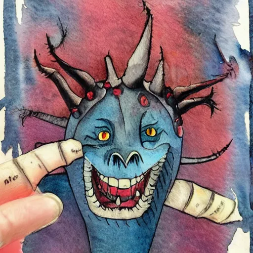 Image similar to detailed whimsical silly watercolor painting of a terrifying demon, in the style of studio ghibli