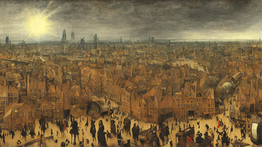 Image similar to victorian london, by pieter bruegel the elder, visual novel, perfectionism, volumetric light, contre - jour, scattering, lumen reflections, tornadic