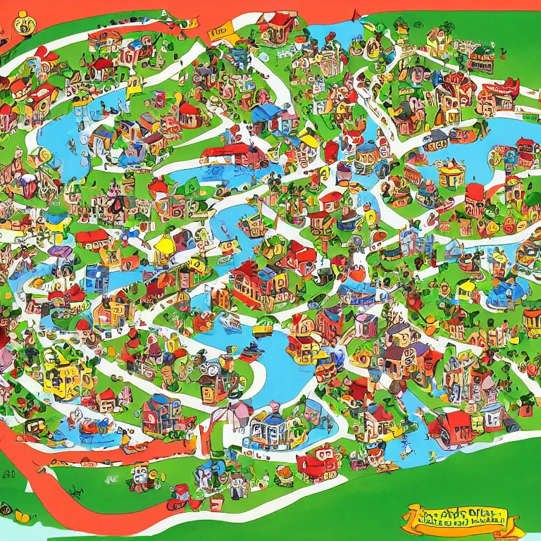 Prompt: map of busytown by richard scarry, HD, trending on artstation