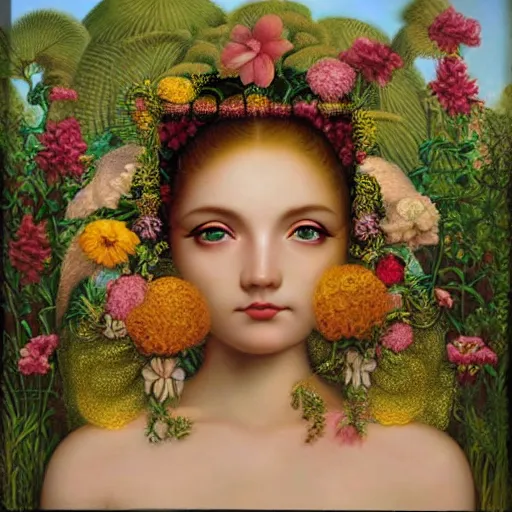 Prompt: an 3 d rendering of the goddess of women looking at the camera surrounded by lush flowers mark ryden, realism