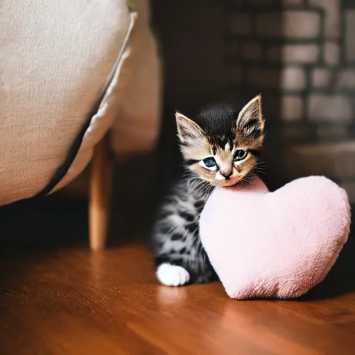 Image similar to A cute little kitten sits on the top of a plush heart-shaped pillow near fireplace, Canon EOS R3, f/1.4, ISO 200, 1/160s, 8K, RAW, unedited, symmetrical balance, in-frame