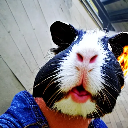 Image similar to a guinea pig selfie in front of a burning building