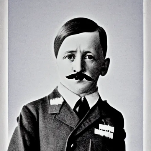 Prompt: full length photo of a child adolf hitler standing carrying school books, hitler moustache, digital art, white background, full color