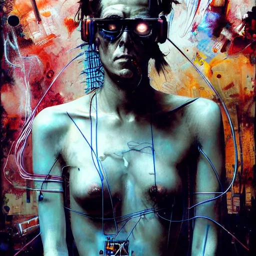 Image similar to zach greinke as a cyberpunk hacker, wires cybernetic implants, in the style of adrian ghenie, esao andrews, jenny saville, surrealism, dark art by james jean, takato yamamoto