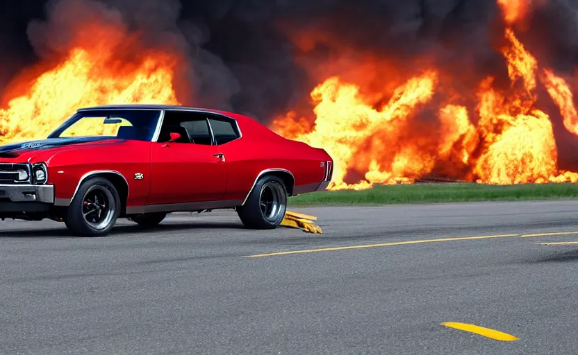 Prompt: a black 1 9 7 0 chevrolet chevelle ss driving i high speed, fire explosion in the background, action scen