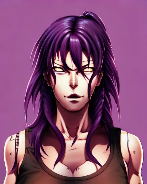 Image similar to a portrait of revy from black lagoon, dilraba dilmurarevy, smirk, black tank top, jean shorts, brown eyes, purple hair, tribal tattoos right arm sleeve, symmetrical eyes, symmetrical face, art by lois van baarle and loish and ross tran and rossdraws and sam yang and artgerm