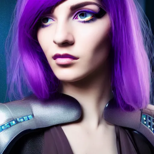 Prompt: Portrait of a beautiful cyberpunk android, purple hair
