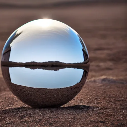 Image similar to reflective metal ball floating in the desert