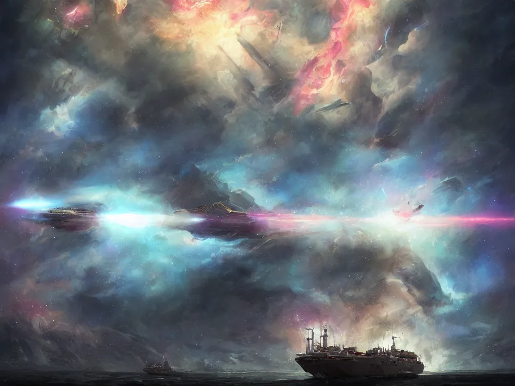 Image similar to epic portrait an epic space battle between freighters and frigates, stars, glowing, nebulaes, brutal digital painting, artstation, concept art, soft light, hdri, smooth, sharp focus, illustration, fantasy, intricate, elegant, highly detailed, D&D, matte painting, in the style of Greg Rutkowski and Alphonse Mucha and artemisia, 8k, highly detailed, jurgens, rutkowski, bouguereau, pastoral, rustic, georgic, detailed concept art, illustration, colorful pastel, painting, detail, ultra detailed, digital art, 4K,
