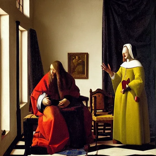 Image similar to royal family during an argument, johannes vermeer, ultra detailed, cinematic, dynamic light