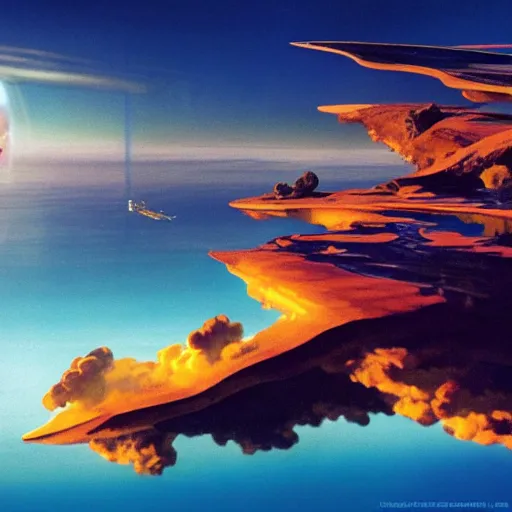 Image similar to beautiful matte painting of golden shores of a blue dreamy ocean, heavenly island in the clouds floating above the ocean, spaceship flying by, sci - fi, daylight, blue sky, cinematic lighting, cinematic perspective, syd mead, john harris, federico pelat