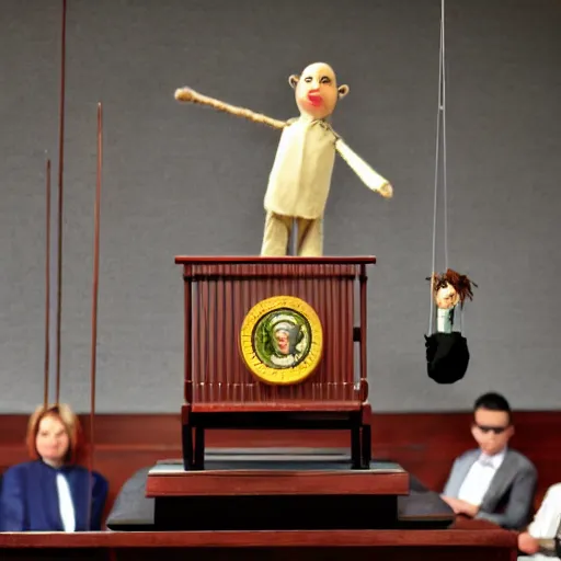 Prompt: puppet show of a string marionette of a president in a podium