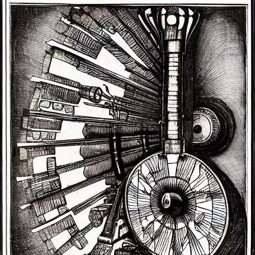 Image similar to music machine designed by di fate drawn by da vinci, detailed pen and ink illustration