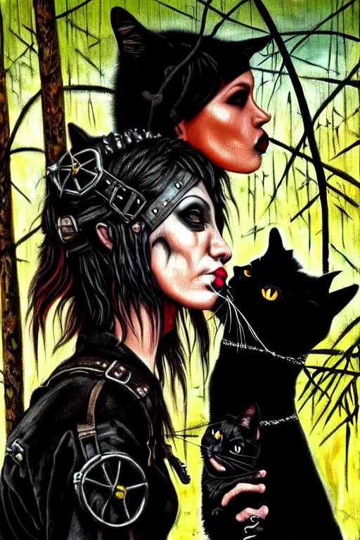 Image similar to punk rock girls kissing and making selfie with black cats in jungle , 1980 style, mad max jacket, post apocalyptic, Cyberpunk, renaissance, Gothic, mystic, highly detailed, digital painting, 4k, fog, oil painting by Leonardo Da Vinci, hyper realistic style, fantasy by Olga Fedorova