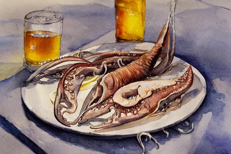 Prompt: delicious hot plate whole squid and a glass of cider, watercolor, detailed