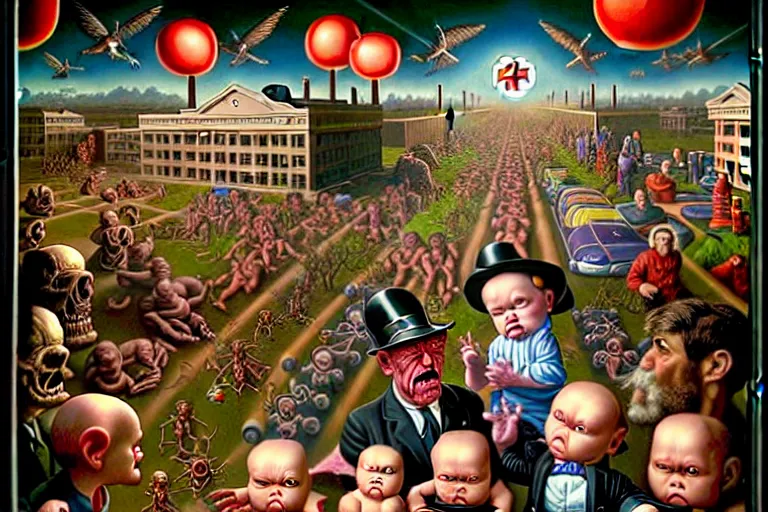 Image similar to a sparsely populated strange battle in an old hospital between old people and babies Robert Williams Mark Ryden and Alex Gross, Todd Schorr highly detailed deep perspective perfect composition