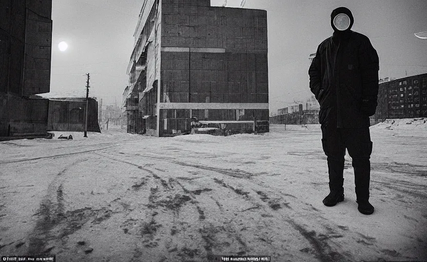 Prompt: In a futuristic space city of Neo Norilsk on the Moon, a Mysterious man is standing in the middle of a street photo by Trent Parke, the sun is blinding, a Russian city on the Moon