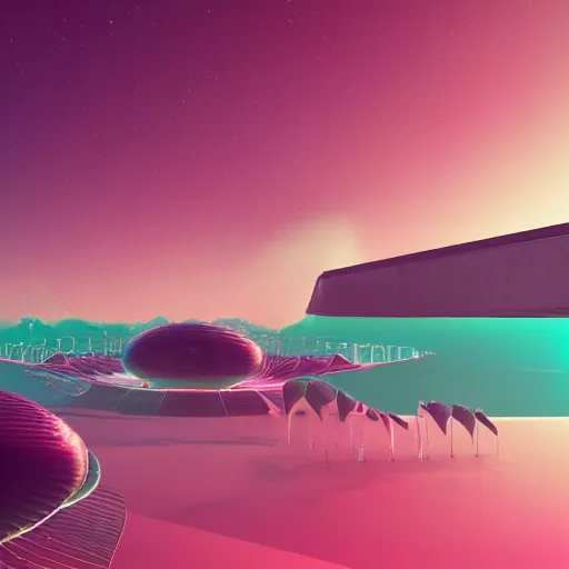 Image similar to panorama,utopia,science fiction,bio-inspired,organic,sunny,fashion of future,retro wave, pink hues,octane render