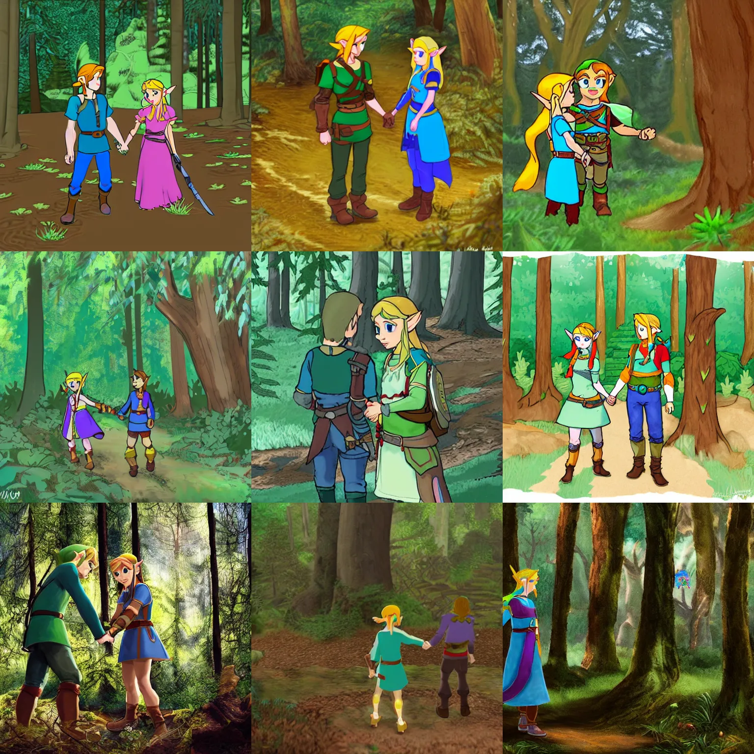 Prompt: Link holding hands with Zelda in a woodland glade