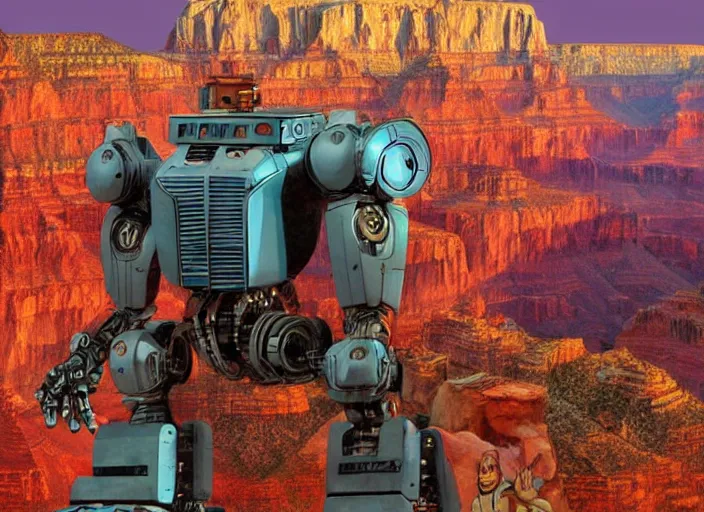 Image similar to realistic physically based rendering of a giant mechanical robot steve buscemi at the grand canyon by jack kirby!!! and simon bisley, epic, awesome trendy color palette, cinematic, claymation, by wes anderson and joop geesink, diorama