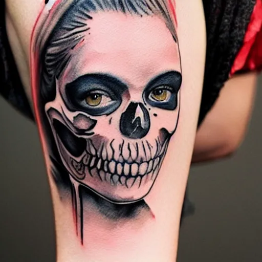Prompt: tattoo of a woman's face turning into a skeleton watercolor, white, red and black ink strokes detailed, hyperrealistic trending on artstation
