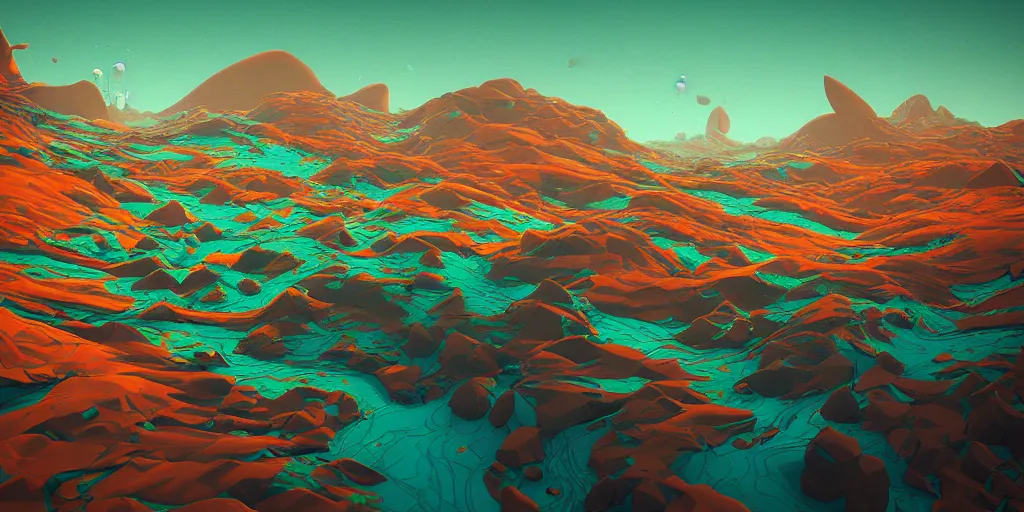 Image similar to abstract 3d landscape painting at noon by james jean and David Schnell painted in no mans sky style, redshift, octane