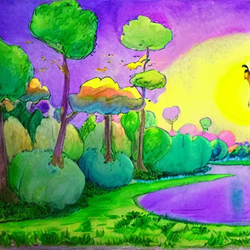 Prompt: a landscape with a purple sun with cotton candy trees flying ducks, the lorax, water color