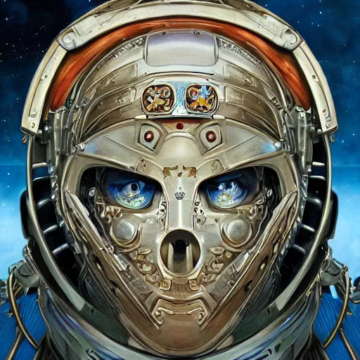 Image similar to portrait of military robot made with plasteel by Jeff Easley and Peter Elson + beautiful eyes, beautiful face + symmetry face + border and embellishments inspiried by alphonse mucha, fractals in the background, galaxy + baroque, gothic, surreal + highly detailed, intricate complexity, epic composition, magical atmosphere + masterpiece, award winning + trending on artstation