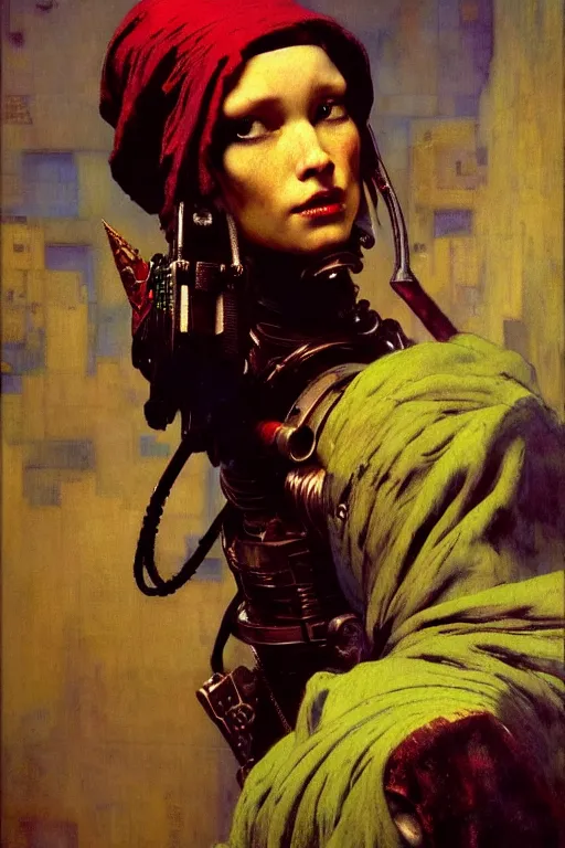 Image similar to full character portrait max mad cyberpunk warhammer 4 0 k, tech priest not the girl with the pearl earring character design, painting by gaston bussiere, katsuya terada, wyeth, craig mullins, hiroshi yoshida, ( ( ( ( ( vermeer ) ) ) ) ), frank frazetta, mucha, tom of finland, trending on artstation