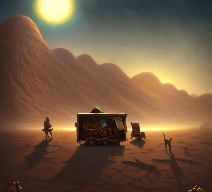 Image similar to subsurface scattering, a desert caravan rests at a lake oasis, the art of athas and dark sun, brom's dark sun art on a 7 0's style fantasy novel cover, digital painting by brom, amazingly detailed d & d art, concept art, intricate details, beautiful, volumetric lighting, cgsociety, artstation, square enix cinematic art