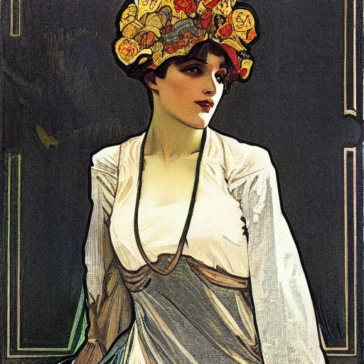 Image similar to punk, painted by alphonse mucha