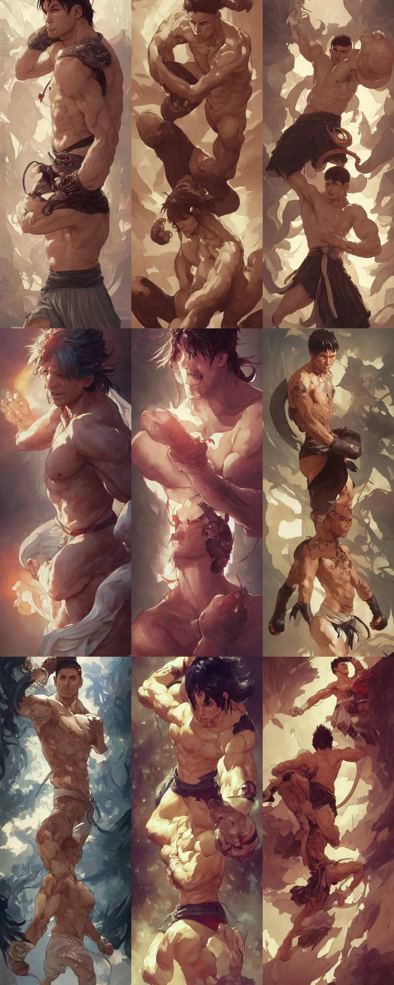 Prompt: male kickboxer, art by artgerm and greg rutkowski and magali villeneuve and alphonse mucha and rossdraws and makoto shinkai, d & d, fantasy, highly detailed, digital painting, trending on artstation, concept art, sharp focus, illustration