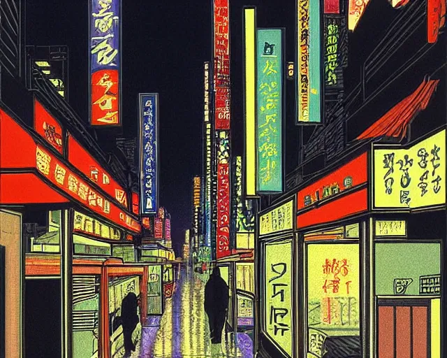 Prompt: cozy soft neon street with in a cyberpunk city on a rainy melancholy tokyo night in 1 9 9 6 by de chirico