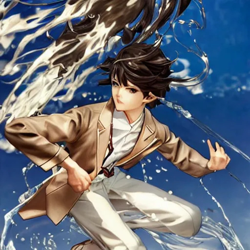 Image similar to epic battle brown haired boy summons a huge wave of water. jc leyendecker shigenori soejima.