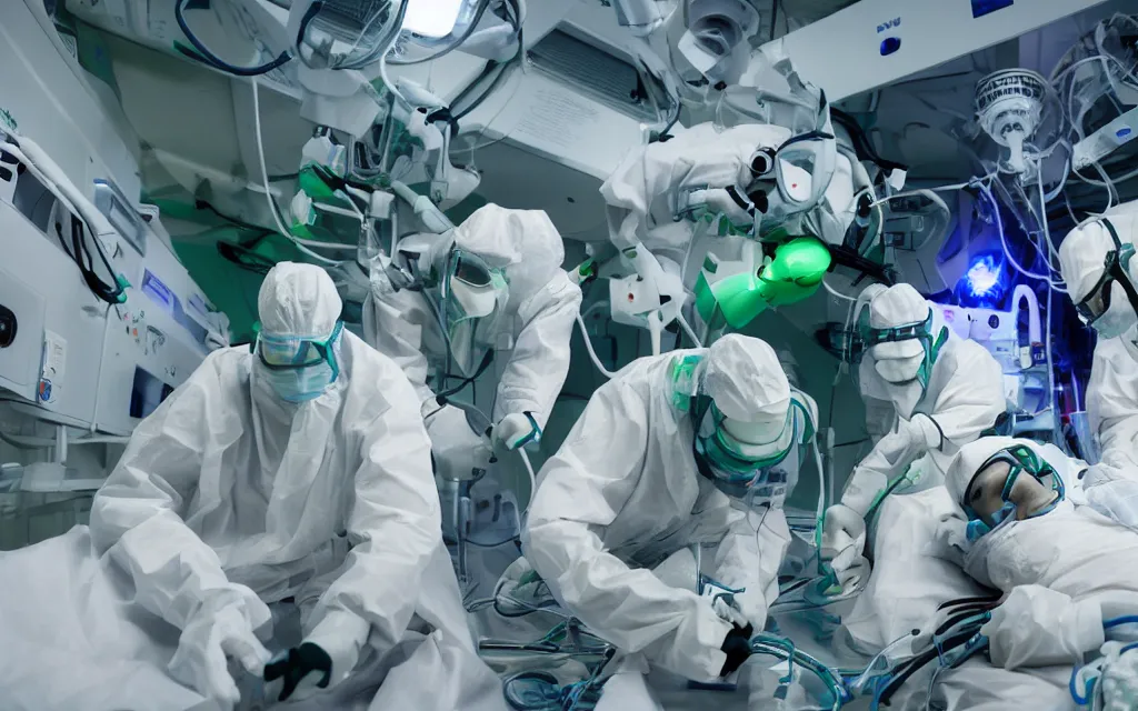 Image similar to medical, diverse medical cybersuits team, heart operation, clean green, visor, macro, biological, wide wide angle, vivid, elaborate, highly detailed, hospital lighting