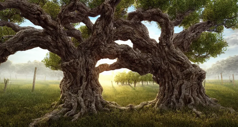 Image similar to A beautiful hyper realistic ultra detailed lifelike matte painting of an old oak tree in a vineyard, unreal engine, deviantart, flickr, artstation, octane render, textured, colorful, extreme realistic detail, physically based rendering, pbr render, very detailed, volumetric lighting, detailed lighting, octane render, 4k, cinematic lighting, 8k resolution