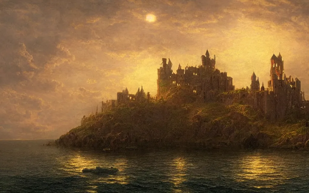 Image similar to large grand royal medieval castle at dusk, on a hill, small town surrounding, steampunk, ocean in the distance, cinematic lighting, intricate ink illustration, by albert bierstadt