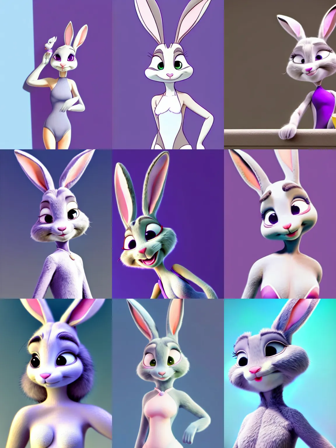Prompt: slim sexy feminine grey rabbitbunny from zootopia, female beautiful gray rabbit from pixar, fluffy gorgeous beautiful zootpia bunny femme, sexy judy hopps in a one piece swimsuit, purple eyes, symmetric face, fluffy chest, full body shot, in a swimsuit