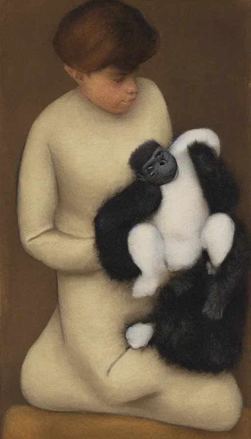 Prompt: still-life painting of a human boy with his fuzzy baby gorilla, by Helene Schjerfbeck, in the style of 'Mother and Child 1886' by Helene Schjerfbeck, volumetric lighting, intricately detailed, canvas print