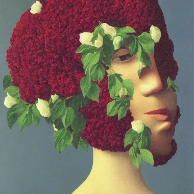 Prompt: portrait of a woman, face hidden by beautiful flower bouquet, by rene magritte, detailed painting, hd, hq, high resolution, high detail, 4 k, 8 k