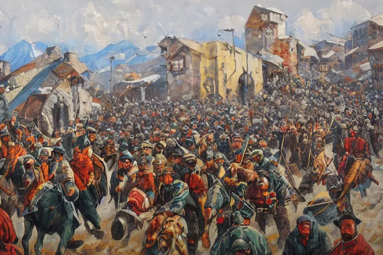 Image similar to painting of the balkan tatars invading a city in arctic bulgaria, oil on canvas