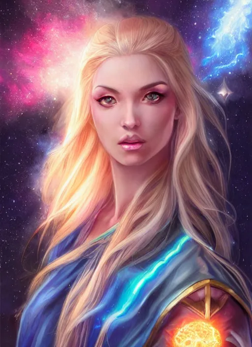 Image similar to blonde female high elf with blue glowing eyes in a multicolored robe, floatiung in front of a nebula, D&D, fantasy, intricate, cinematic lighting, highly detailed, digital painting, Artstation, concept art, smooth, sharp focus, art by Artgerm and Greg Rutkowski, SFW Version