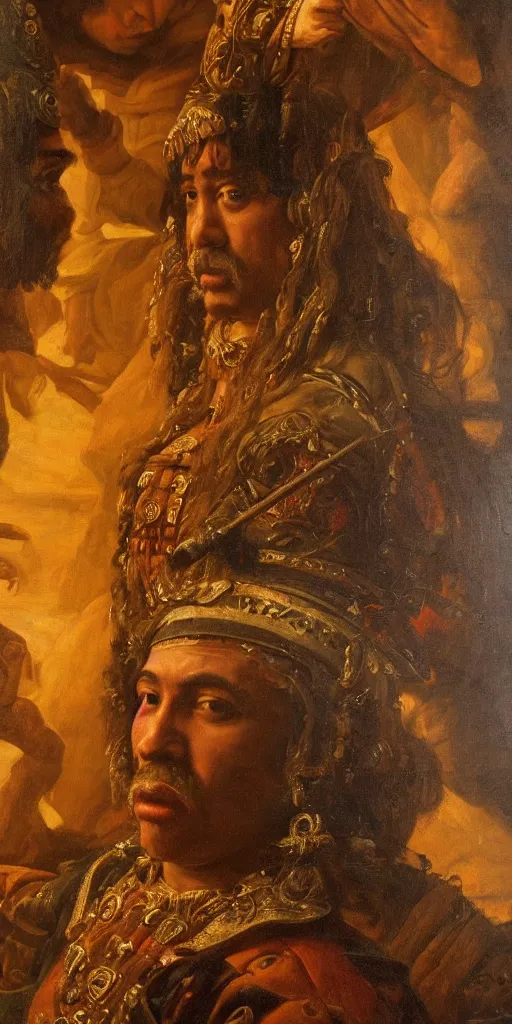 Image similar to Highly detailed and cinematic Renaissance period portrait oil painting Montezuma, an oil painting ((masterpiece)) by ((Josep Tapiró Baró)), dynamic lighting, 8K
