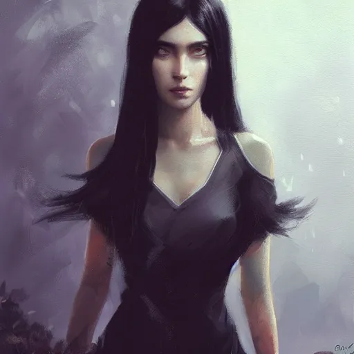 Prompt: portrait painting of female forest elf black hair, black dress, dramatic light, 8 k, by greg rutkowski, studio ghibli