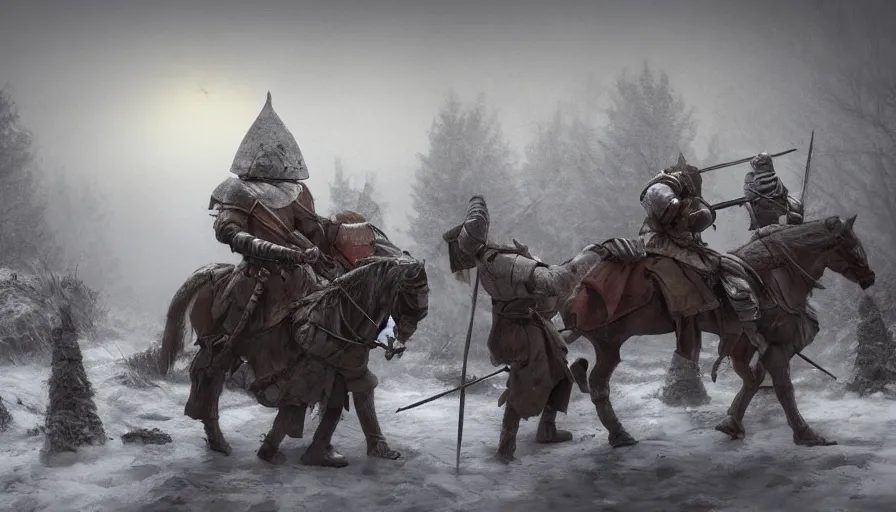 Prompt: four knights fighting in the old foggy village near a well, one knight in the foreground, three knight in the middleground, painted in the style of stepan alekseev chosac, winter, dark atmosphere, highly detailed, uplight, 8k, unreal engine, octane rendered, wow