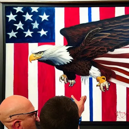 Image similar to alex ross painting crying bald eagle in front of american flag, proud, heroic