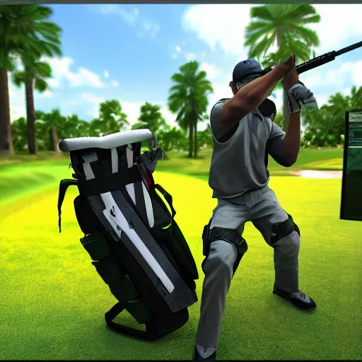 Prompt: anime counter-strike characters terrorist and counter-terrorist full body playing golf irons fairway wood golfbag golfcar tee green tiger woods unreal engine 8k highly detailed foggy weather florida