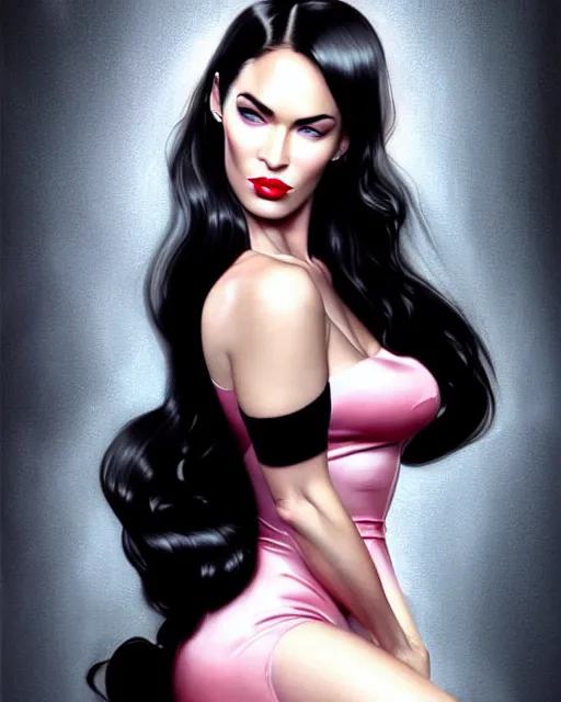 Image similar to 3 d megan fox with dark eye makeup and pink glossy lipstick, long windblown black hair, seductive camisole, pinup, intricate, glamorous fashion pose, sharp focus, illustration, highly detailed, digital painting, concept art, art by wlop and artgerm and ross tran, masterpiece, fritz willis, fine, arney freytag, charlie bowater, loish